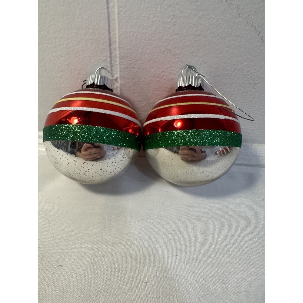 Vintage Radko Shiny Brite Red Striped Ball Glitter Ornament Set Xmas M Excellent